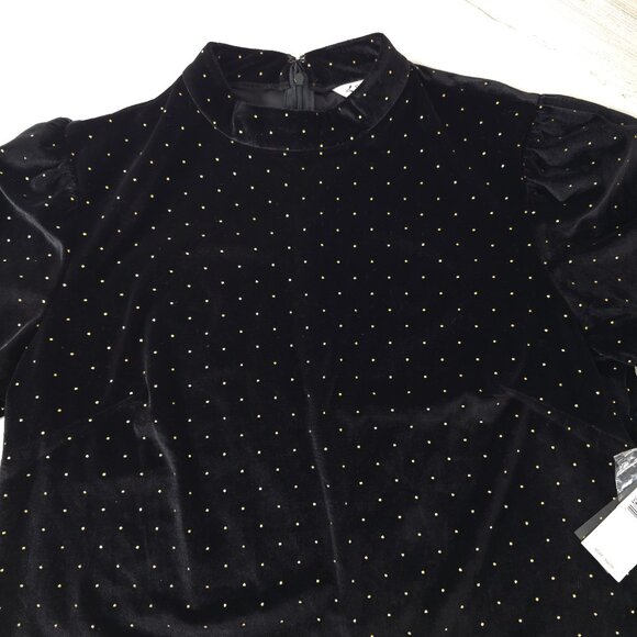 NWT Nanette Lepore Black Velvet Blouse Gold Polka Dots Mockneck Shirt SIZE LARGE - Picture 12 of 16